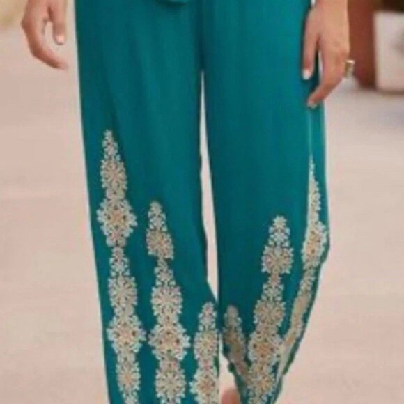 NWT Sundance "Spice Route" Embroidered Wide Leg Viscose Pants Sz M Teal $118 - Picture 1 of 15